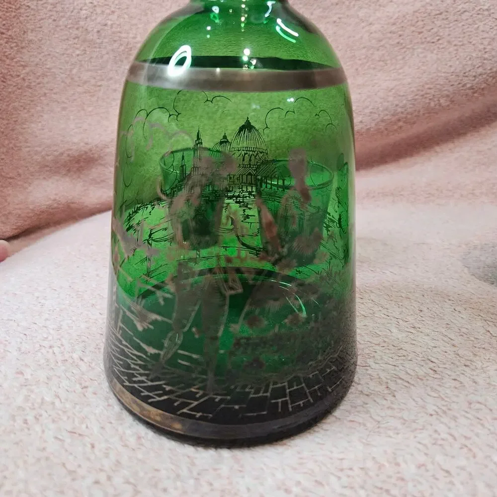 Vintage Venetian Emerald Green Glass Decanter Set w/ Silver Overlay & 4 Glasses